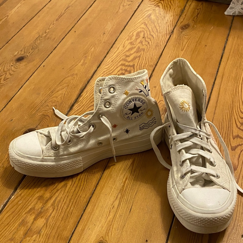 Converse High Top Sneakers - Cream with Yellow and Navy Embroidery
